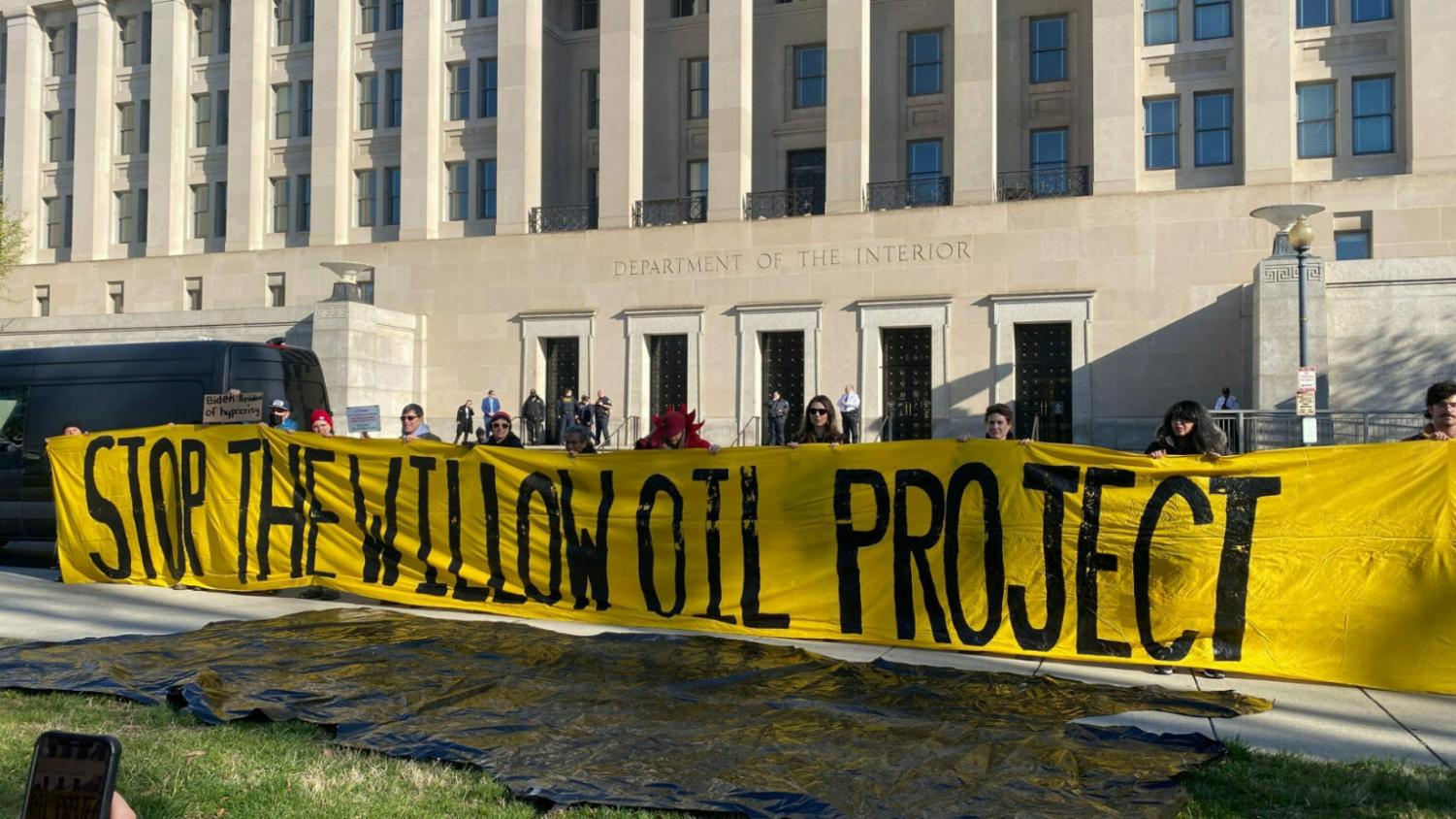 April 27, 2023 Stop The Willow Oil Project banner Photo by: NPR